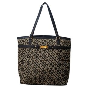 Tommy Hilfiger Black and Cream Tote with Geometric Pattern and Sturdy Ha…